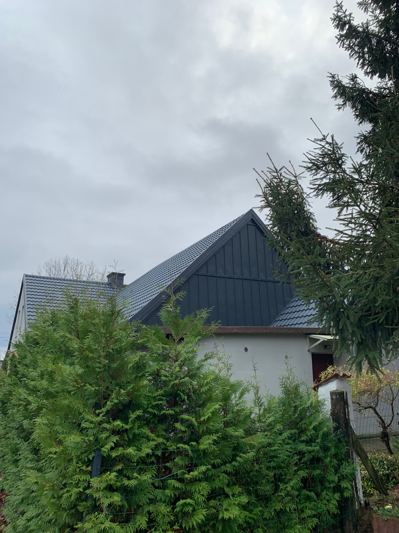 Dom jednorodzinny w Darłowie z nowym, ciemnoszarym dachem z blachy na rąbek stojący, widoczny zza zielonych krzewów i drzew iglastych na tle pochmurnego nieba.