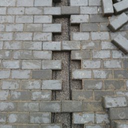 DB.Building Dominik Budzyński Usługi Wypożyczalnia - Układanie szarej kostki brukowej na podsypce w Żdżarce, widoczne przerwy w ułożeniu i kabel w szczelinie. Częściowo ułożona nawierzchnia z kostki.