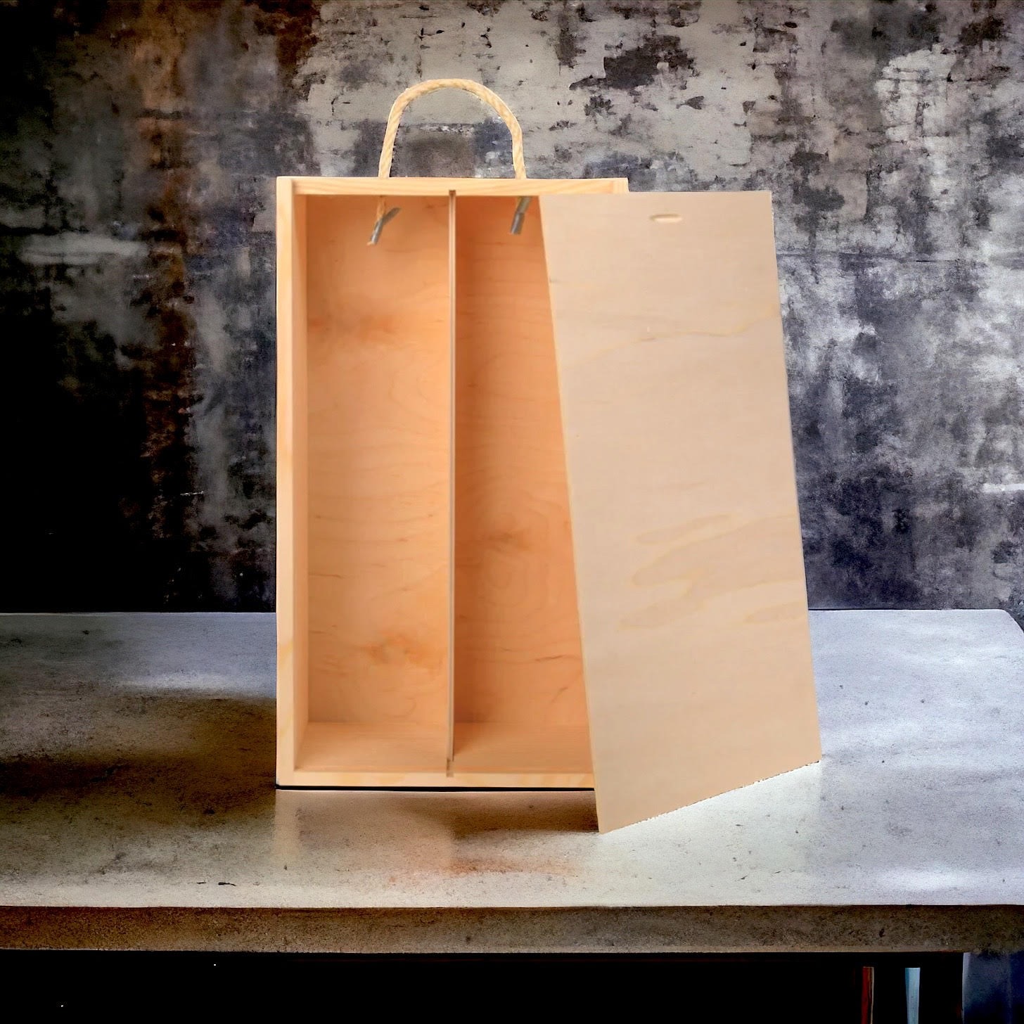 Drewniana skrzynka na dwie butelki z uchwytem ze sznurka, z otwartą pokrywą, na szarym tle.