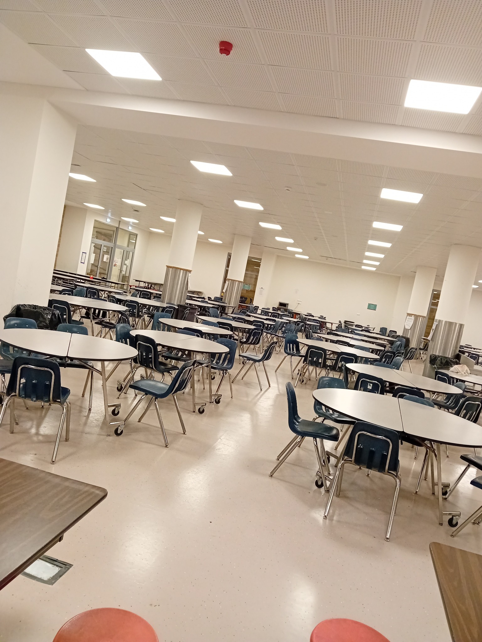 Przestronna stołówka z licznymi okrągłymi stolikami z białymi blatami i niebieskimi krzesłami na kółkach, jasna podłoga i sufit z kwadratowymi lampami.