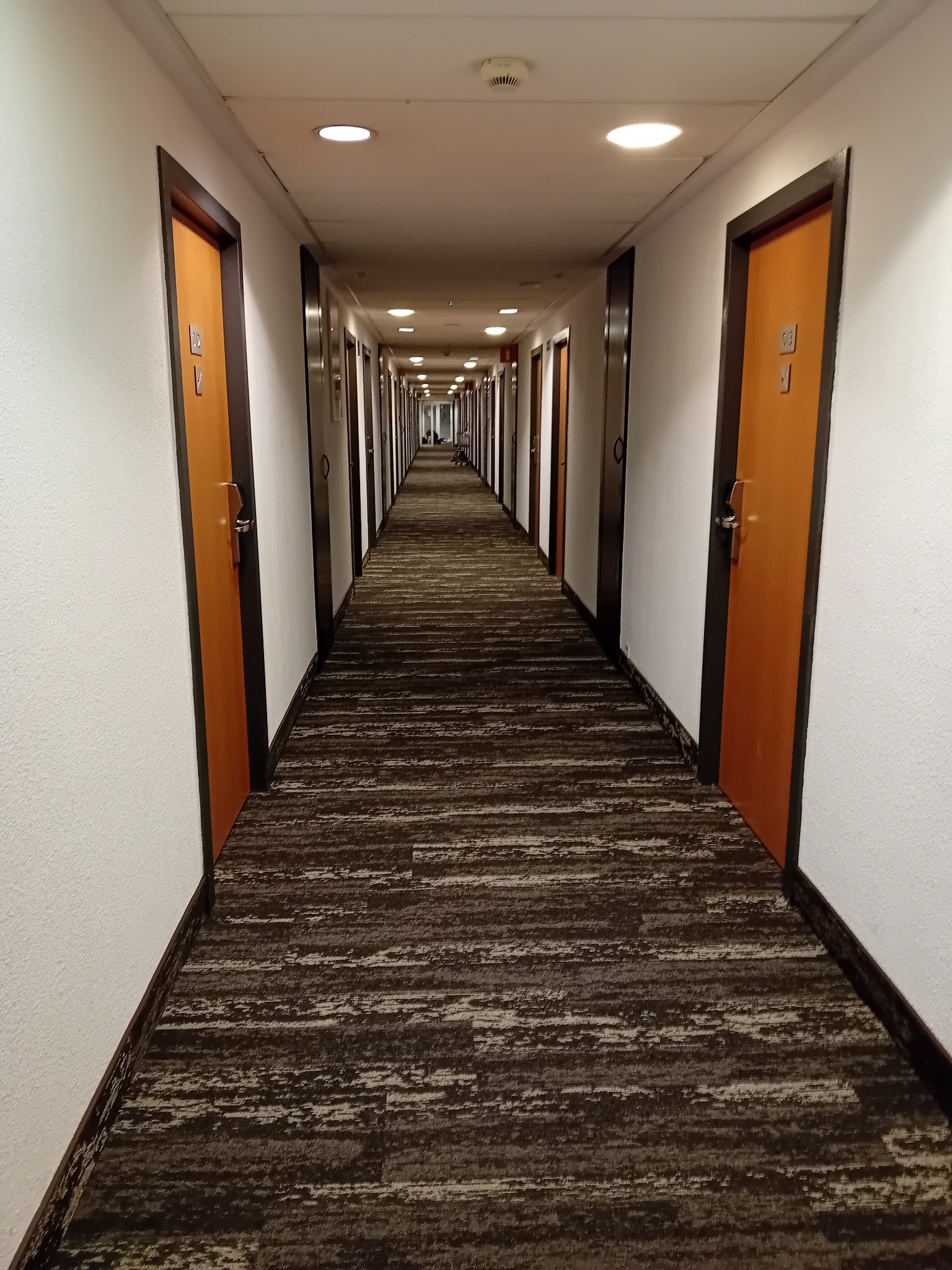 Długi korytarz hotelowy z brązowo-beżową wykładziną dywanową w abstrakcyjny wzór i rzędem pomarańczowych drzwi.