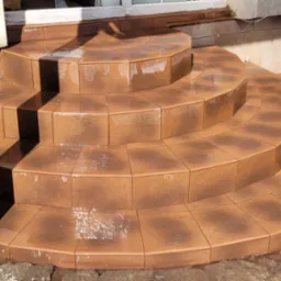 Zewnętrzne, półokrągłe schody wyłożone brązowymi, kwadratowymi płytkami ceramicznymi, częściowo mokre, z widocznymi drewnianymi słupkami podtrzymującymi zadaszenie.