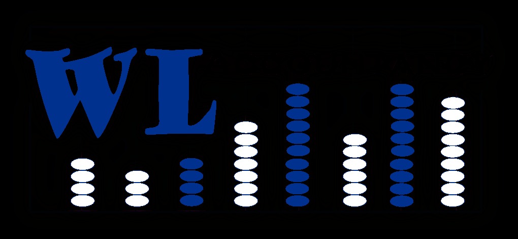 Logo firmy z inicjałami WL i stylizowanym wykresem słupkowym w kolorach białym i niebieskim na czarnym tle.