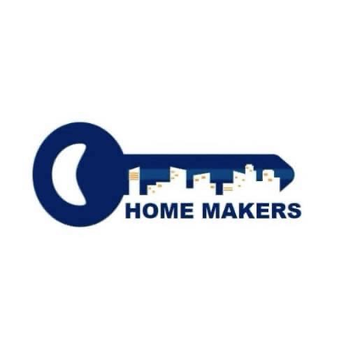 Niebieskie logo firmy Home Makers w kształcie klucza z wkomponowaną panoramą miasta.