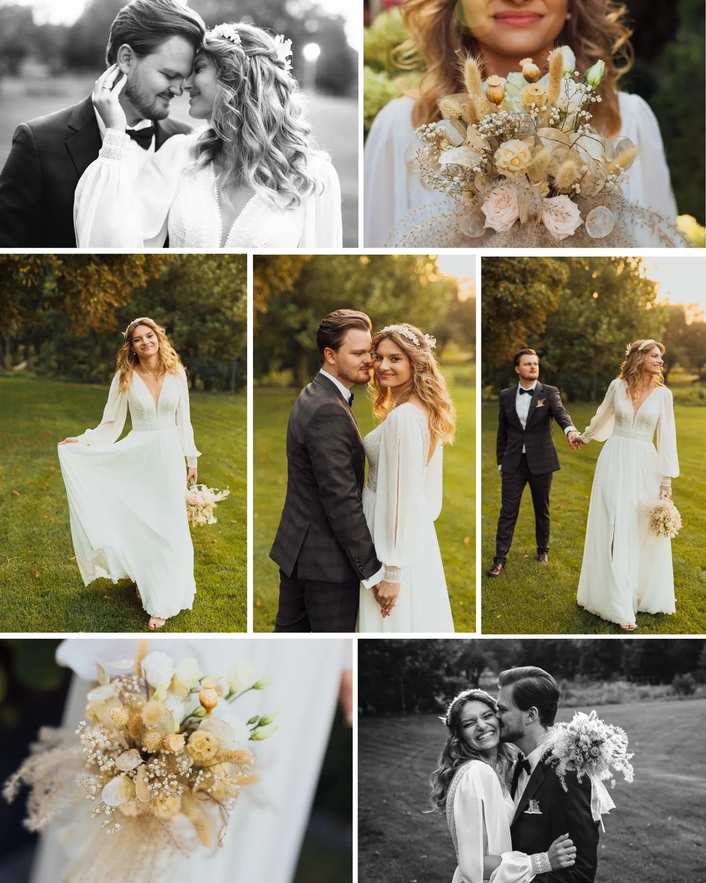 Kolaż z sesji ślubnej: para młoda w plenerze, ona w zwiewnej białej sukni z koronkowymi detalami, on w eleganckim garniturze, bukiet ślubny z suszonych kwiatów i róż, ujęcia czarno-białe i kolorowe.