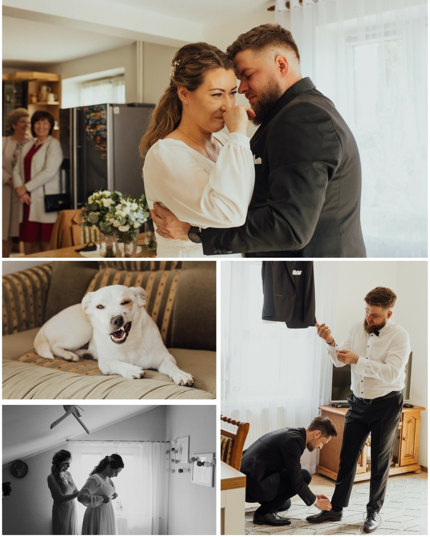 Kolaż ze zdjęć z przygotowań do ślubu: wzruszona para młoda, uśmiechnięty pies na kanapie, pan młody zapinający mankiety i druh wiążący sznurówki, panna młoda zapinana przez druhnę.