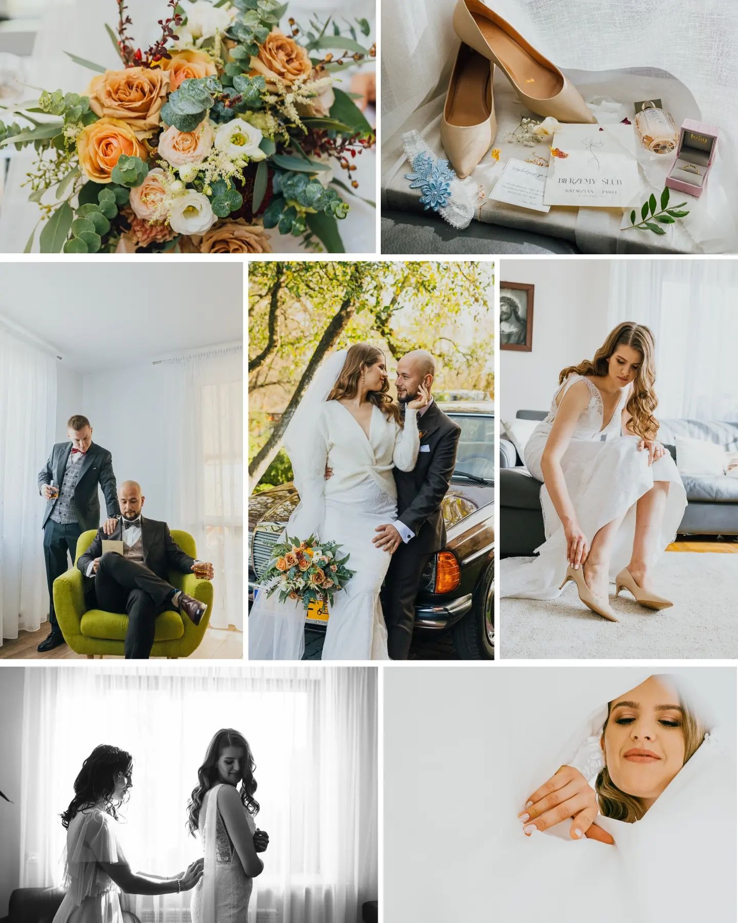 Kolaż zdjęć ślubnych: bukiet z pomarańczowych róż, buty ślubne i zaproszenie, pan młody z drużbą, para młoda przy samochodzie, panna młoda zapinająca buty, poprawianie sukni ślubnej, panna młoda...