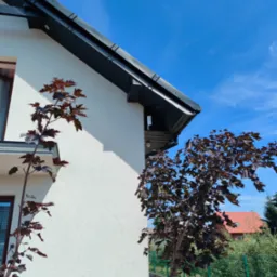 Biała ściana domu z zamontowanym, dyskretnym, białym czujnikiem ruchu pod okapem, widocznym między dwoma drzewami o purpurowych liściach na tle błękitnego nieba.