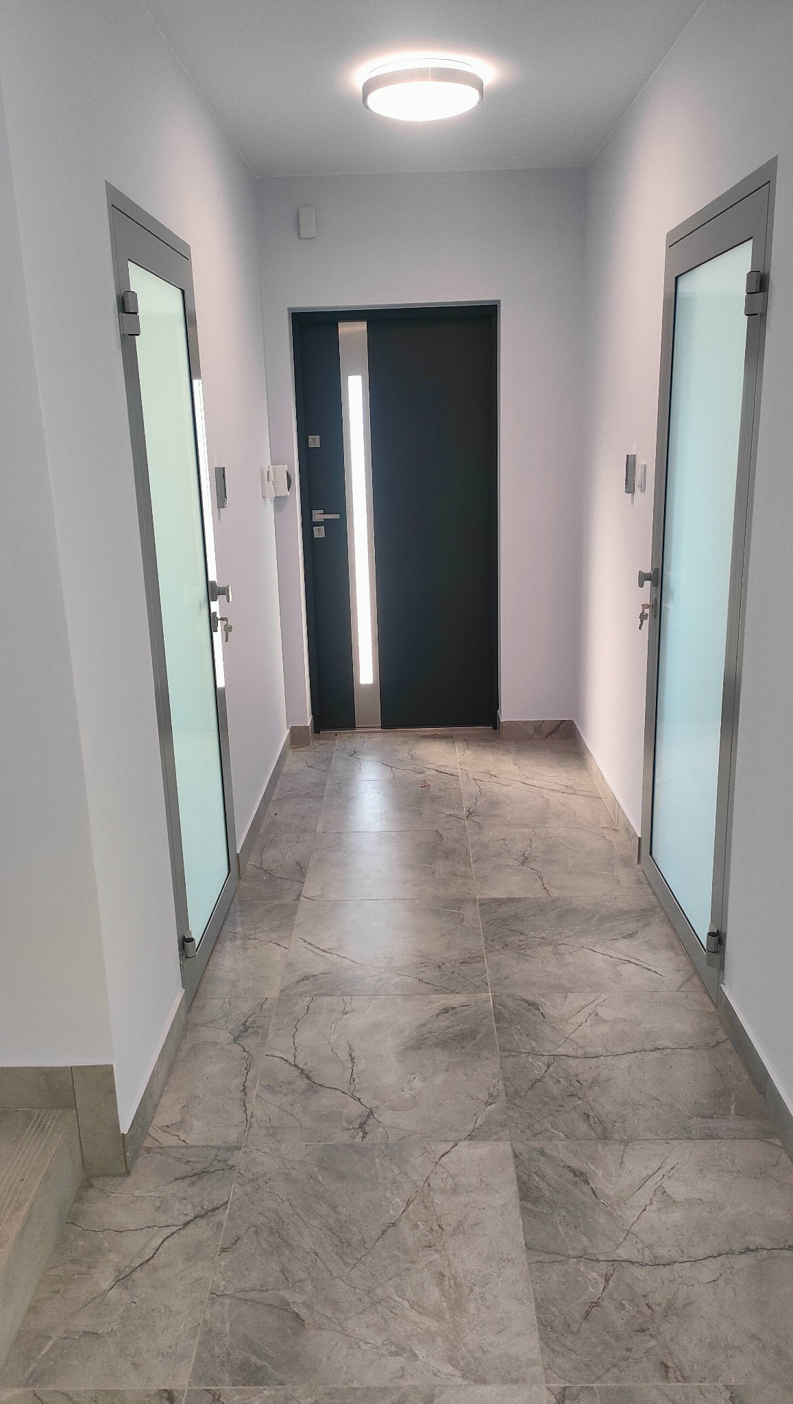 Wnętrze korytarza z drzwiami wejściowymi z pionowym oświetleniem LED i dwoma szklanymi drzwiami po bokach, szare płytki podłogowe imitujące marmur.