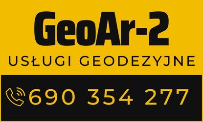 Żółto-czarna reklama firmy GeoAr-2 oferującej usługi geodezyjne, z numerem telefonu.
