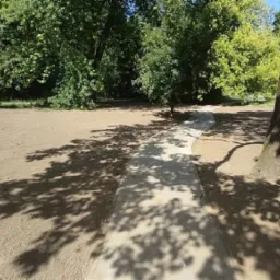 Przygotowany teren pod budowę z ułożonym chodnikiem z kostki betonowej, widoczny cień drzew i maszyna budowlana w tle.