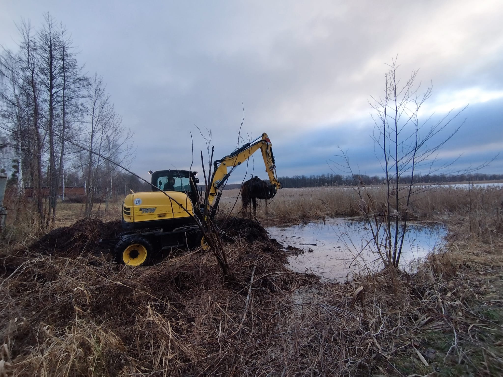 Żółta koparka na podmokłym terenie, wykop pod oczko wodne lub drenaż. W tle trzciny i pochmurne niebo. Specyficzne oświetlenie podkreśla naturalny charakter krajobrazu.