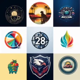 Zestaw dziewięciu r&oacute;żnych, wektorowych projekt&oacute;w logo, o zr&oacute;żnicowanej tematyce i kolorystyce, od abstrakcyjnych kształt&oacute;w po realistyczne ilustracje, na białym tle.