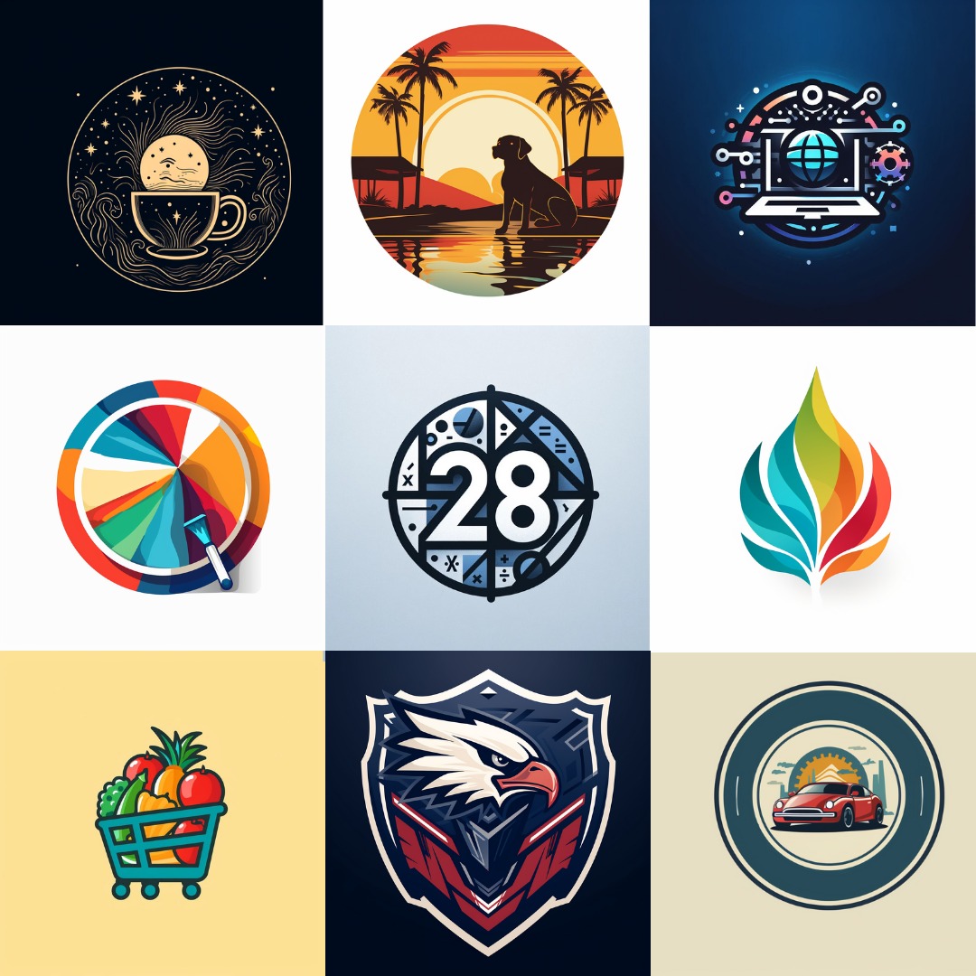 Zestaw dziewięciu różnych, wektorowych projektów logo, o zróżnicowanej tematyce i kolorystyce, od abstrakcyjnych kształtów po realistyczne ilustracje, na białym tle.