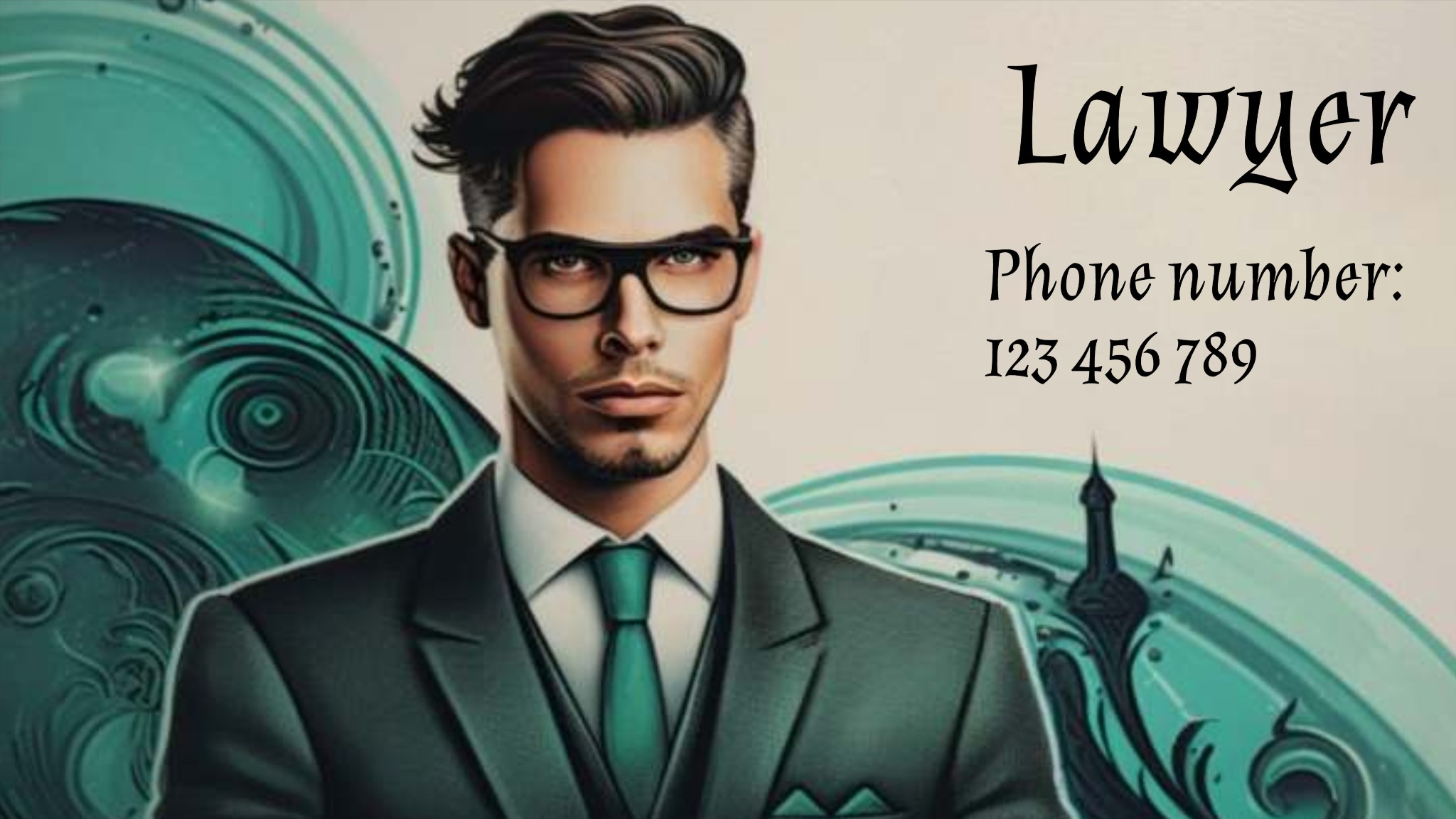 Ilustracja wizytówki prawnika z portretem mężczyzny w garniturze, tekstem 'Lawyer' i numerem telefonu na abstrakcyjnym, turkusowym tle.