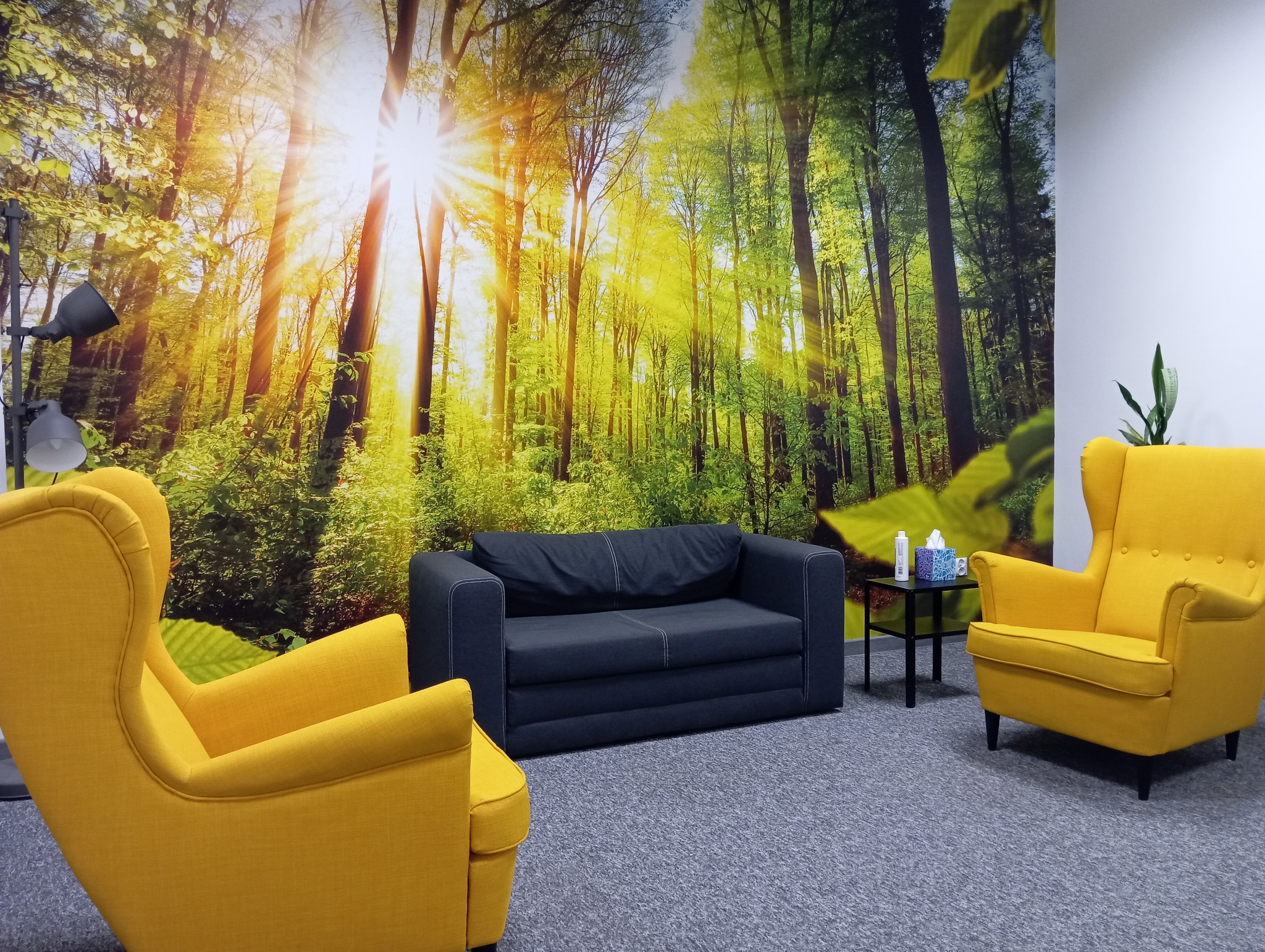 Pokój z dwoma żółtymi fotelami uszakami, szarą sofą i stolikiem, na ścianie fototapeta z motywem lasu i promieni słonecznych.