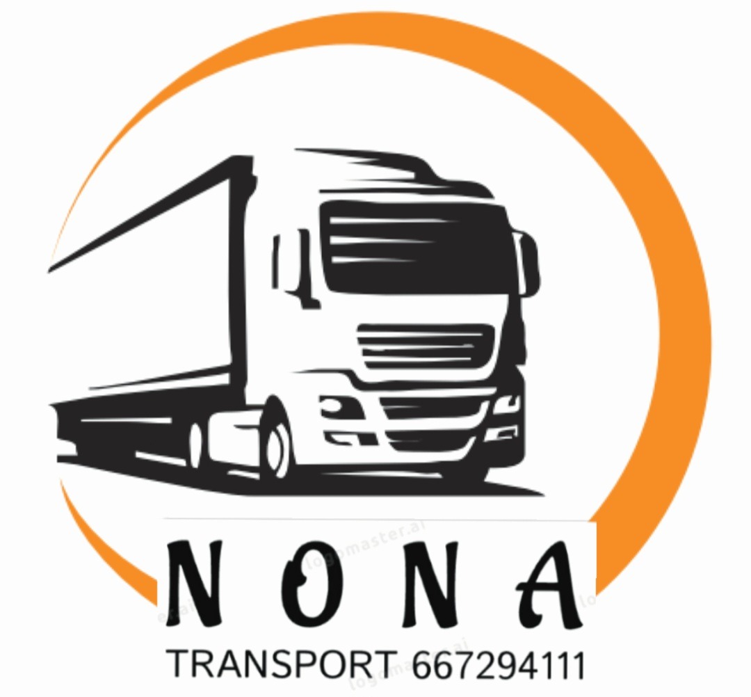 Grafika wektorowa prezentująca białą ciężarówkę z naczepą w pomarańczowym okręgu, poniżej napis 'NONA TRANSPORT' i numer telefonu 667294111.