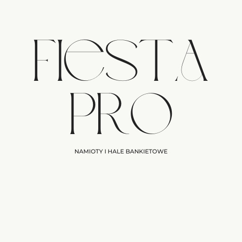 Eleganckie logo 'Fiesta Pro' z dopiskiem 'Namioty i hale bankietowe' na kremowym tle. Minimalistyczny design, cienkie linie fontu.