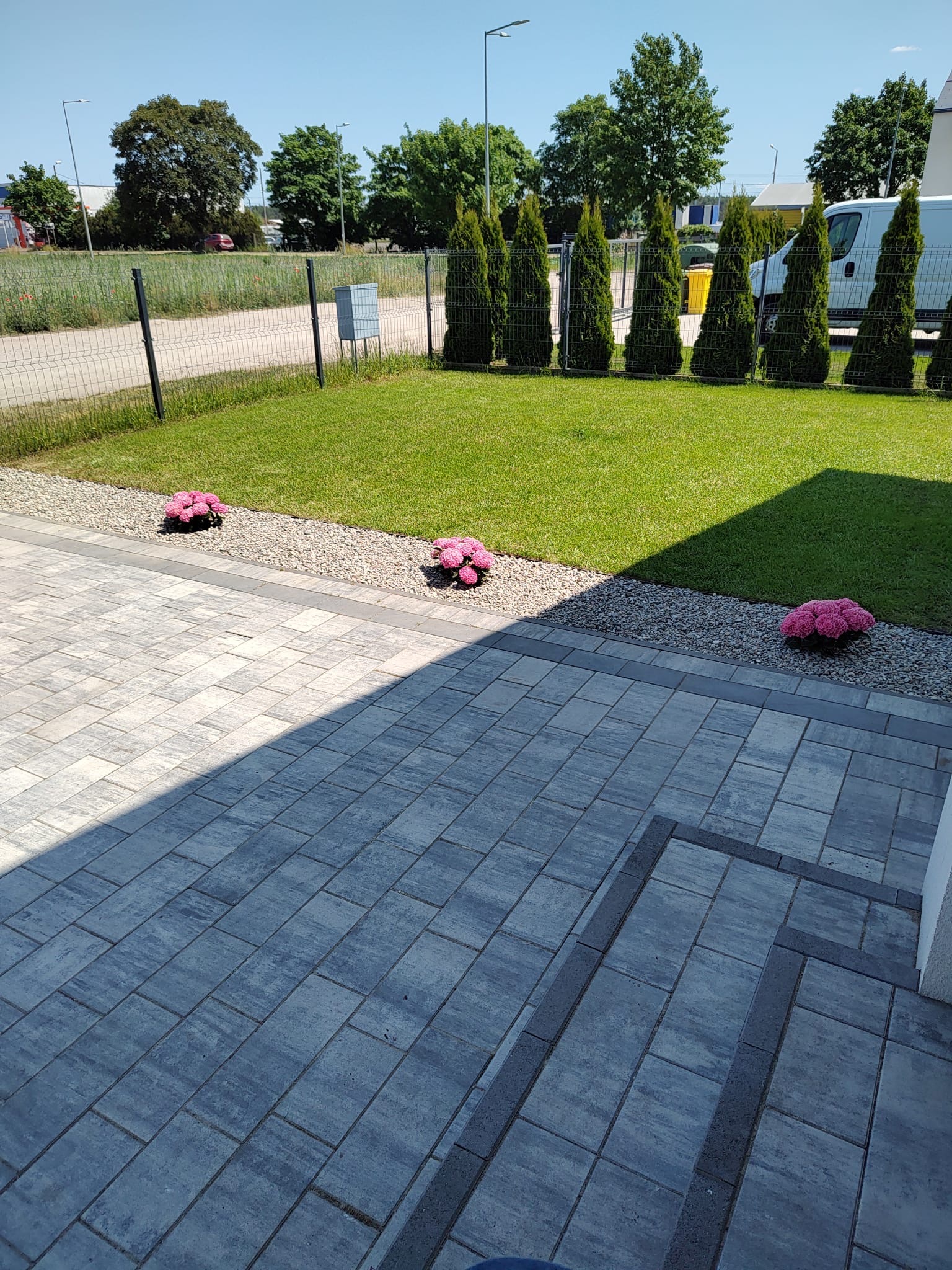 Ułożona kostka brukowa w odcieniach szarości, obrzeża z drobnego kamienia, trawnik z tujami i kulistymi kwiatami, cień na powierzchni kostki.