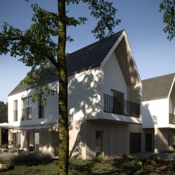 Juka Pracownia Projektowa - Wizualizacja nowoczesnego domu jednorodzinnego z białymi ścianami i drewnianą elewacją, z balkonami i tarasem, otoczonego zielenią i drzewami, w słoneczny dzień.