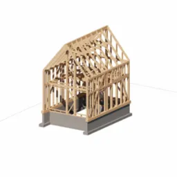 Wizualizacja 3D szkieletu drewnianego domu na betonowej podmurówce, ukazująca konstrukcję ścian i dachu w trakcie budowy.