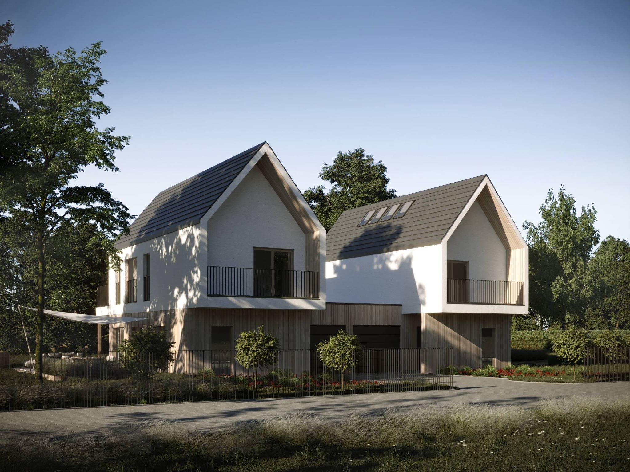 Wizualizacja dwóch nowoczesnych domów bliźniaczych z balkonami, białymi ścianami i drewnianą elewacją, otoczonych zielenią i ogrodzeniem.