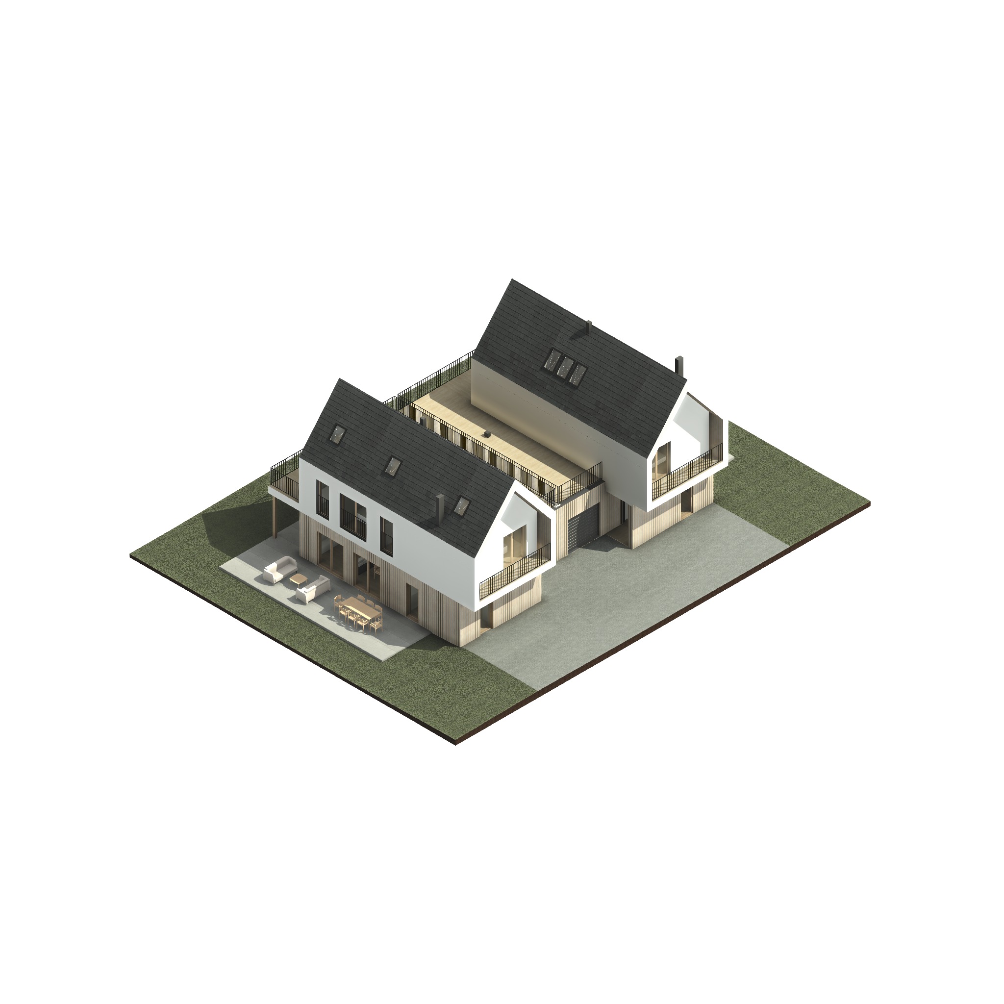 Wizualizacja 3D nowoczesnego, dwukondygnacyjnego domu z płaskim dachem i drewnianą elewacją, z balkonem i tarasem z meblami ogrodowymi, na tle zielonego trawnika i betonowego podjazdu.