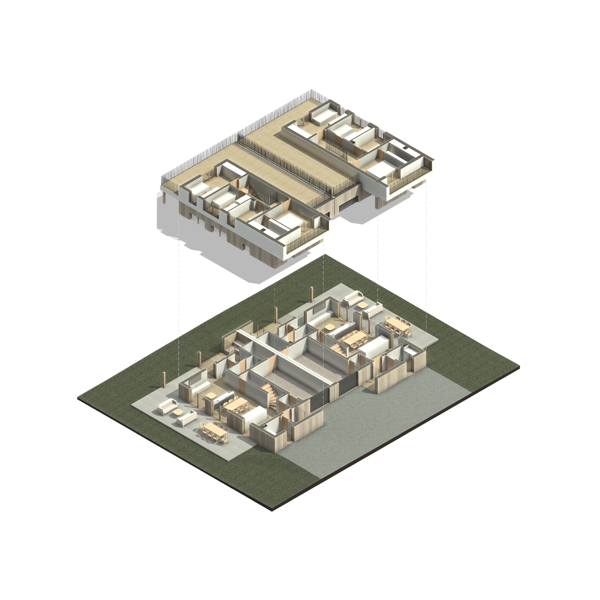 Izometryczny rzut 3D dwukondygnacyjnego budynku z tarasem na dachu, prezentujący układ pomieszczeń i wyposażenie.
