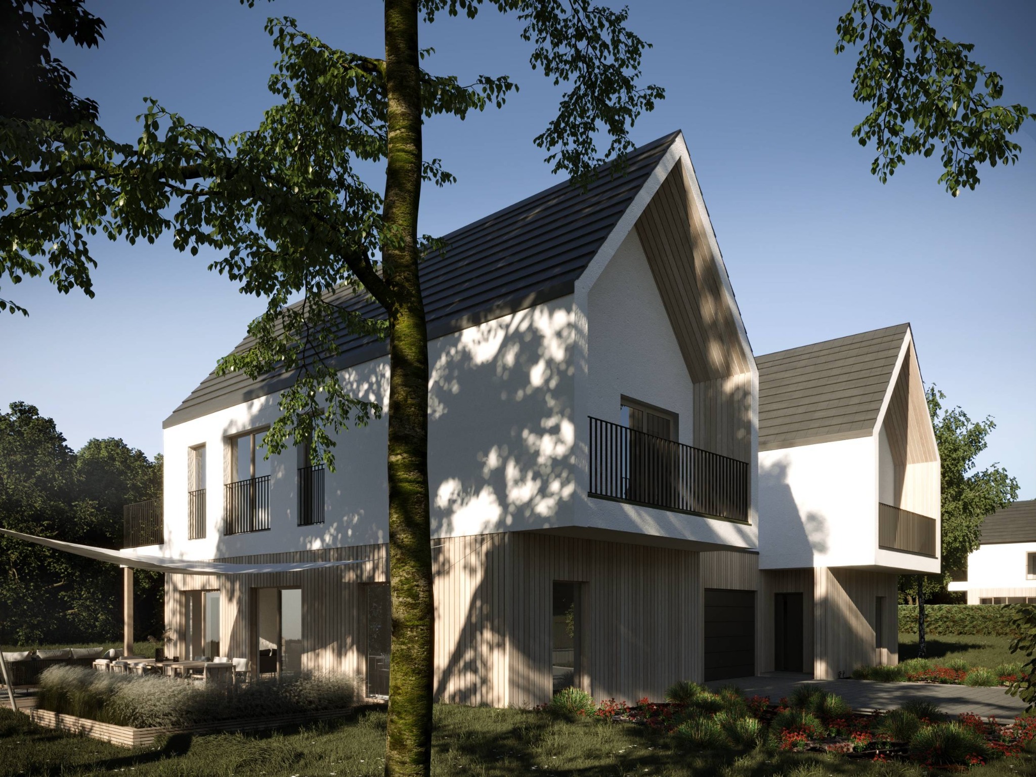 Wizualizacja nowoczesnego domu jednorodzinnego z białymi ścianami i drewnianą elewacją, z balkonami i tarasem, otoczonego zielenią i drzewami, w słoneczny dzień.