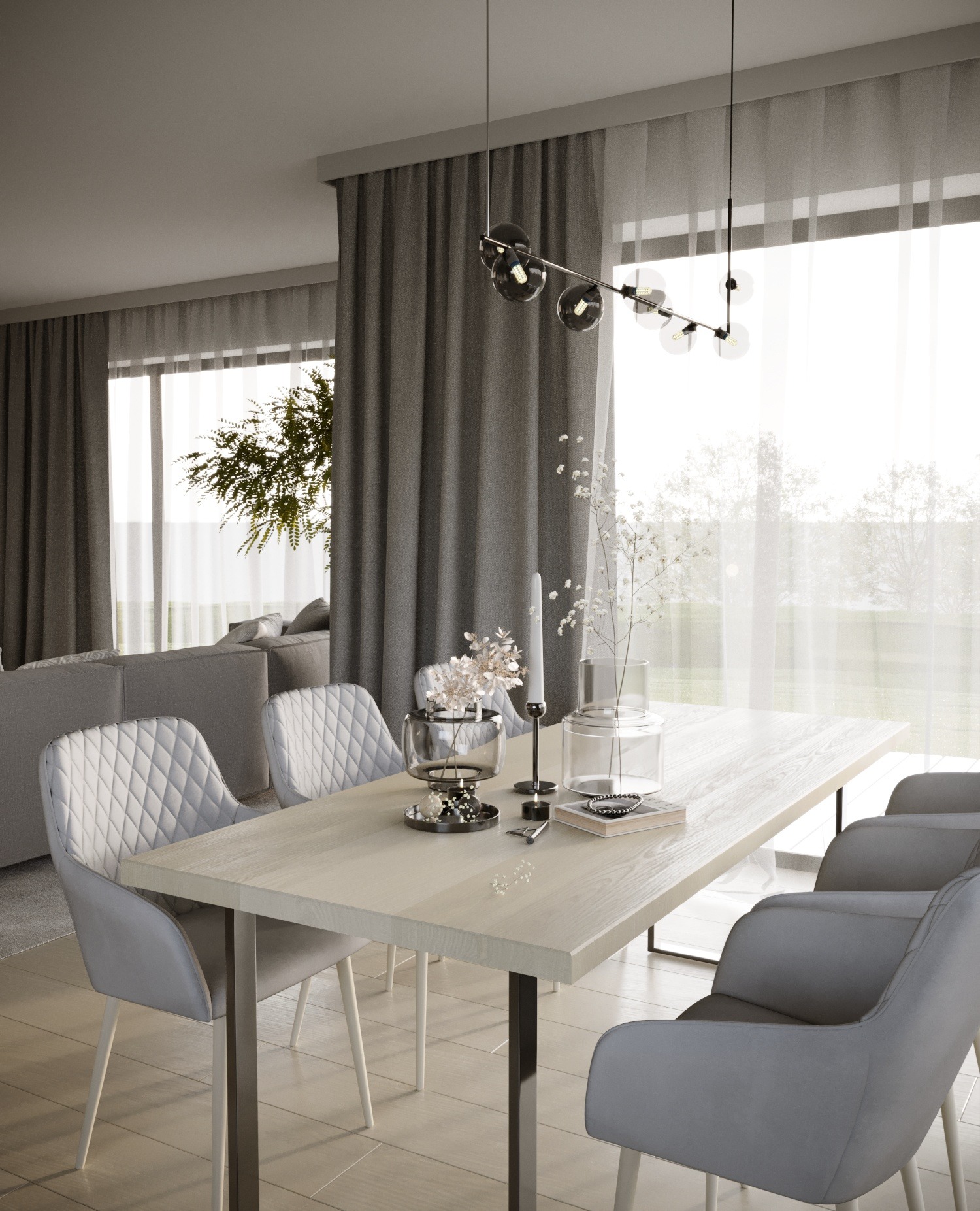 Jasna jadalnia we Wrocławiu z drewnianym stołem, szarymi krzesłami z pikowaniem, minimalistycznym oświetleniem i dużym oknem z widokiem na zieleń.