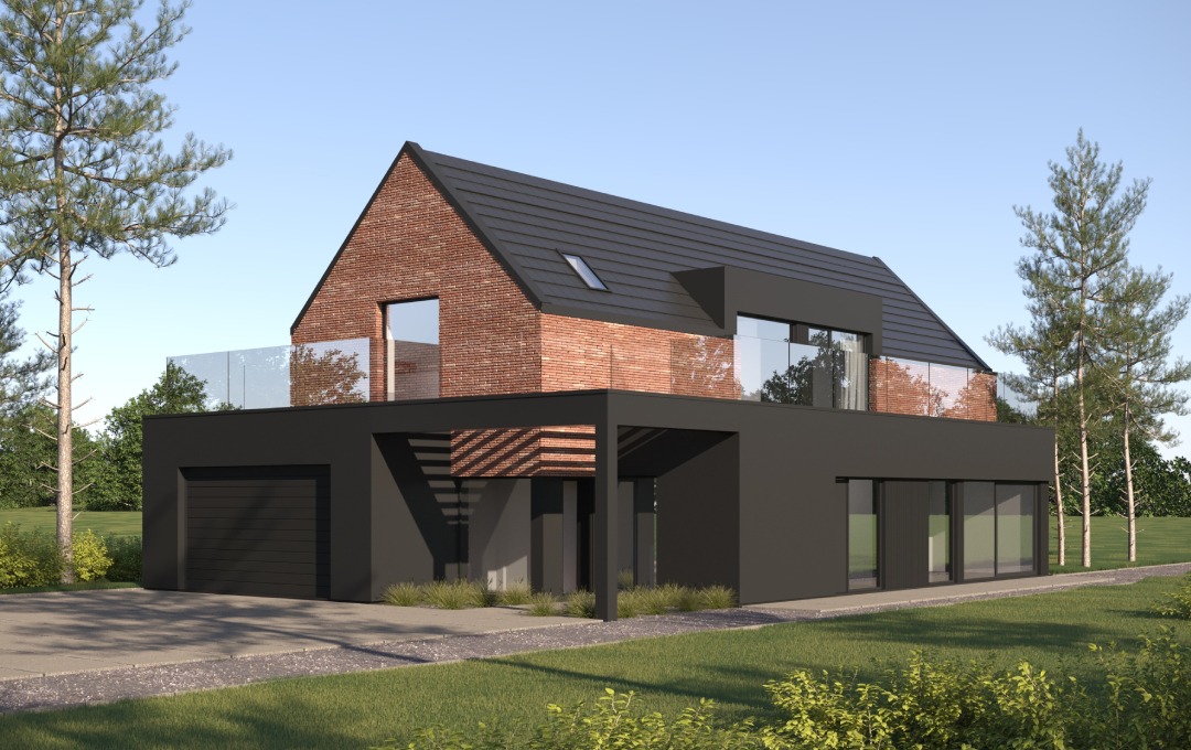 Wizualizacja nowoczesnego domu jednorodzinnego z bryłą z czerwonej cegły, czarnym dachem i płaską dobudówką z garażem, otoczonego zielenią.