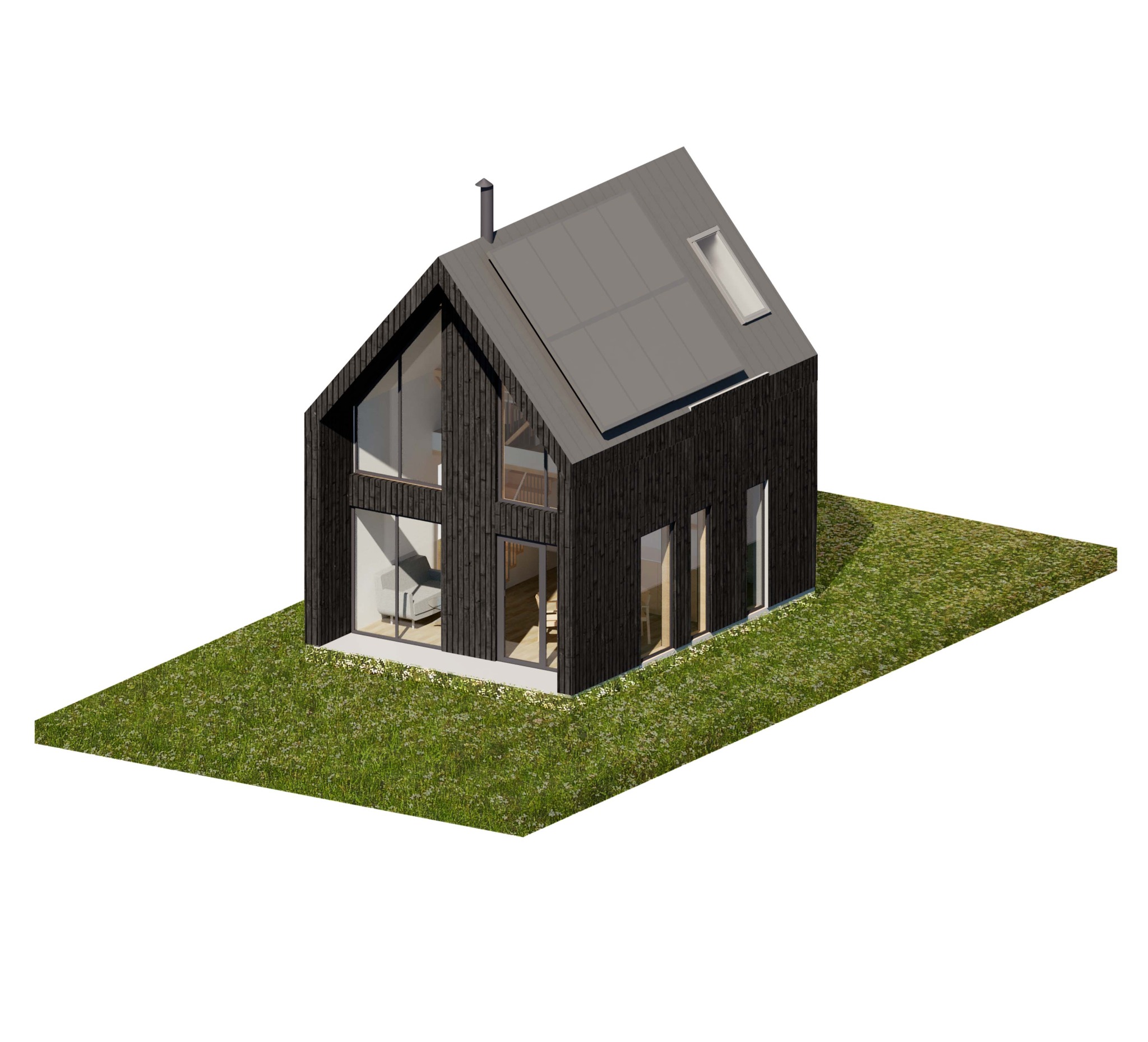Wizualizacja nowoczesnego domu z ciemnego drewna z dużymi oknami, szarym dachem i kominem, otoczonego trawnikiem z kwiatami.
