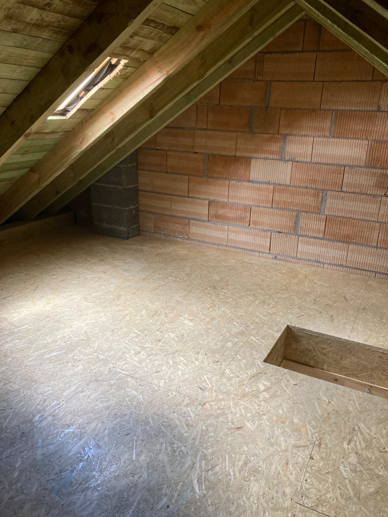 Poddasze z drewnianą konstrukcją dachu, ścianą z cegły dziurawki i podłogą z płyty OSB z wyciętym otworem.