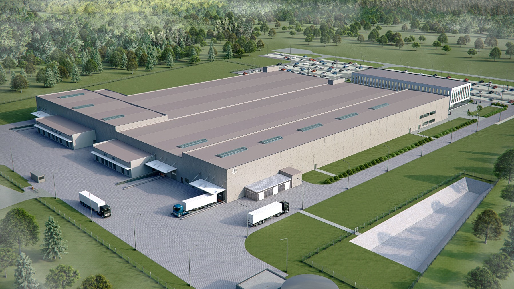 Wizualizacja 3D dużej hali przemysłowej z rampami załadunkowymi, parkingiem dla samochodów osobowych i ciężarowych, otoczonej zielenią i drzewami.