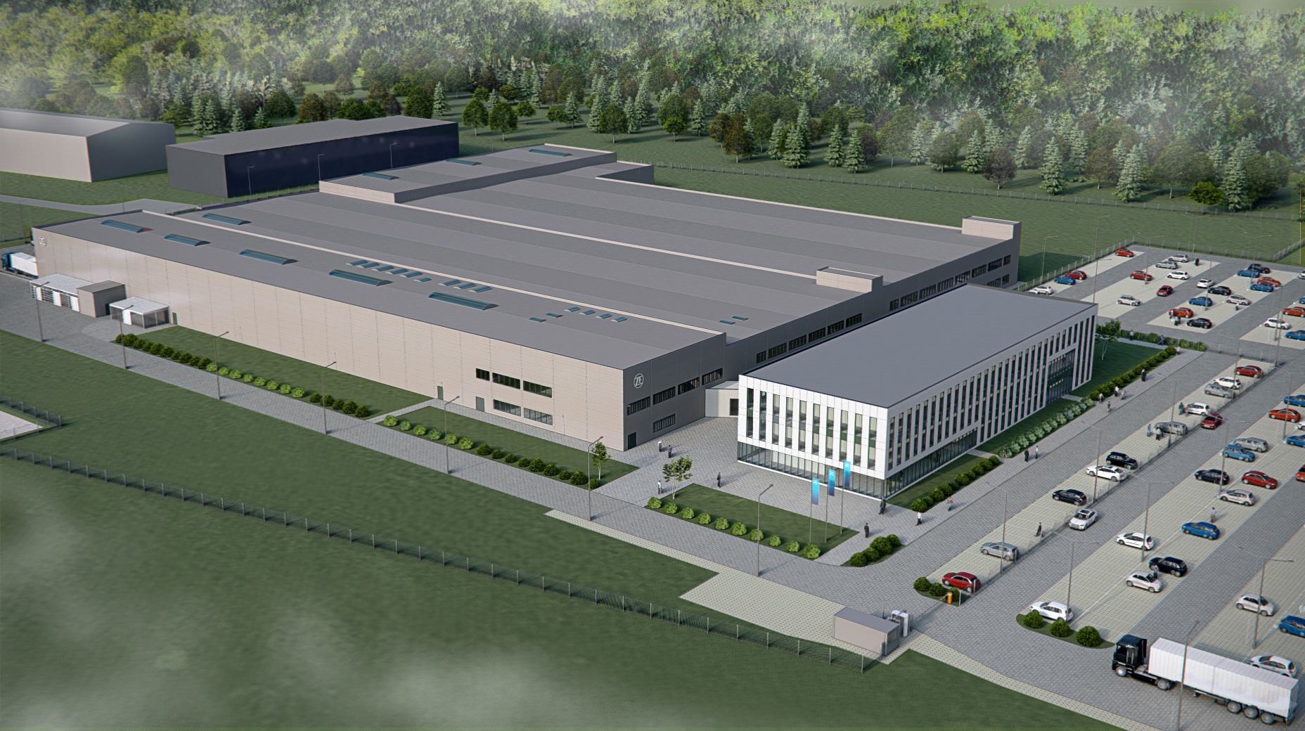Wizualizacja 3D nowoczesnego budynku biurowo-przemysłowego z parkingiem i zielenią, widok z lotu ptaka.