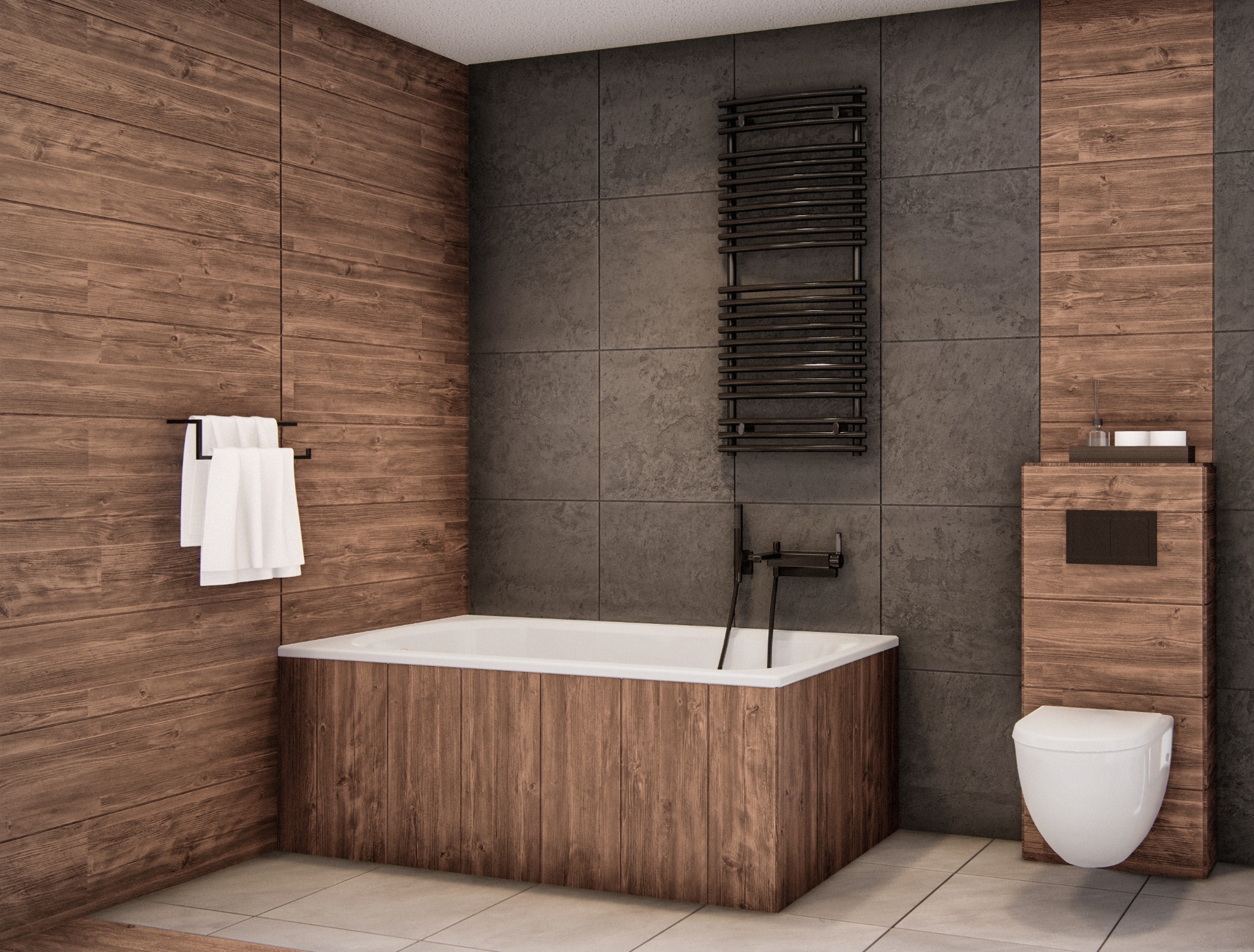 Nowoczesna łazienka z drewnianymi panelami na ścianach i obudowie wanny, kontrastującymi z szarymi płytkami. Widoczny czarny grzejnik drabinkowy, biała wanna i toaleta podwieszana. Na ścianie wiszą...