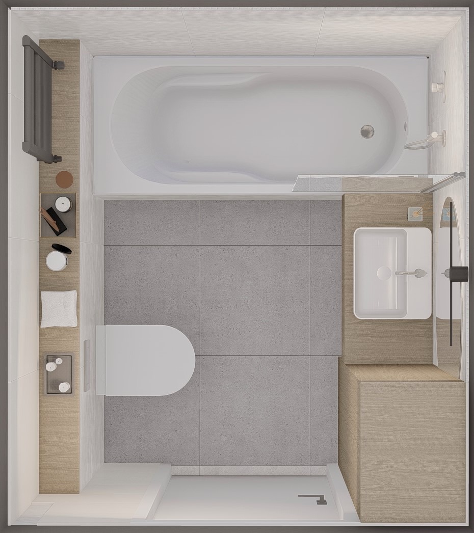 Widok z góry na minimalistyczną łazienkę z wanną, umywalką, toaletą i szarymi płytkami podłogowymi, akcenty drewniane na półkach i szafkach.