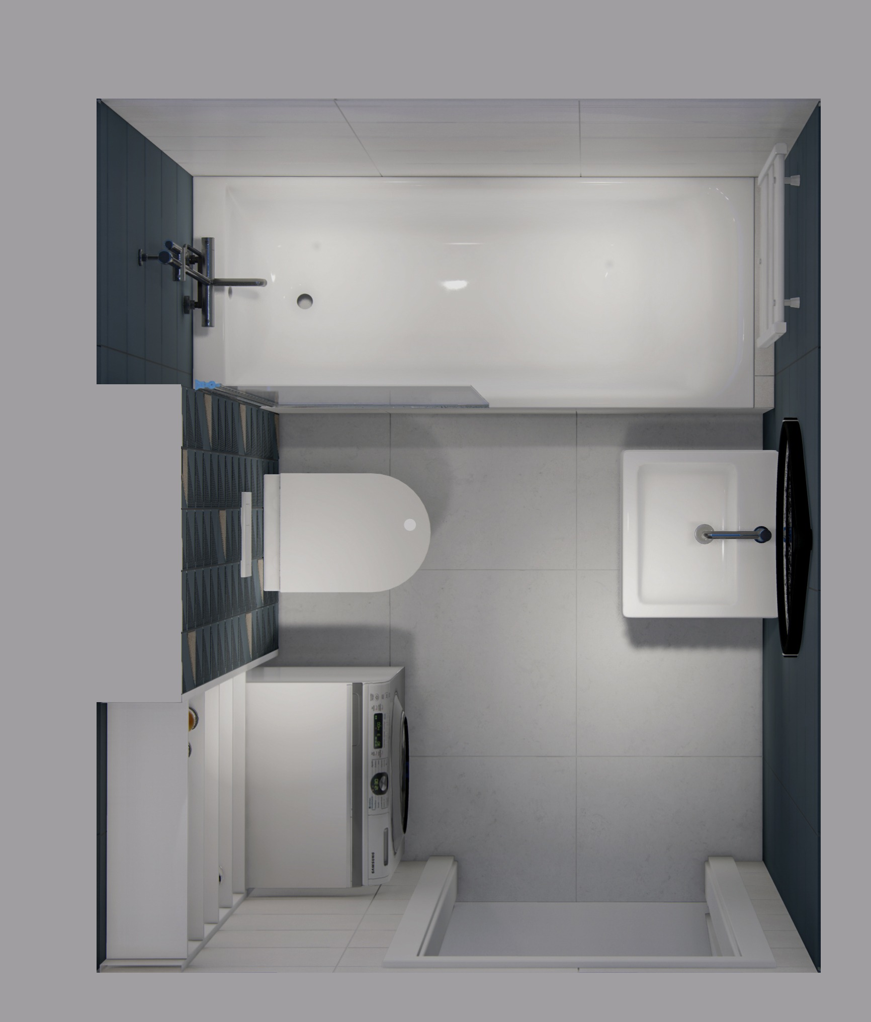 Widok z góry na małą łazienkę z wanną, toaletą, umywalką, pralką i szafkami, wykończoną w bieli, szarości i ciemnym granacie z akcentami wzorzystych płytek.