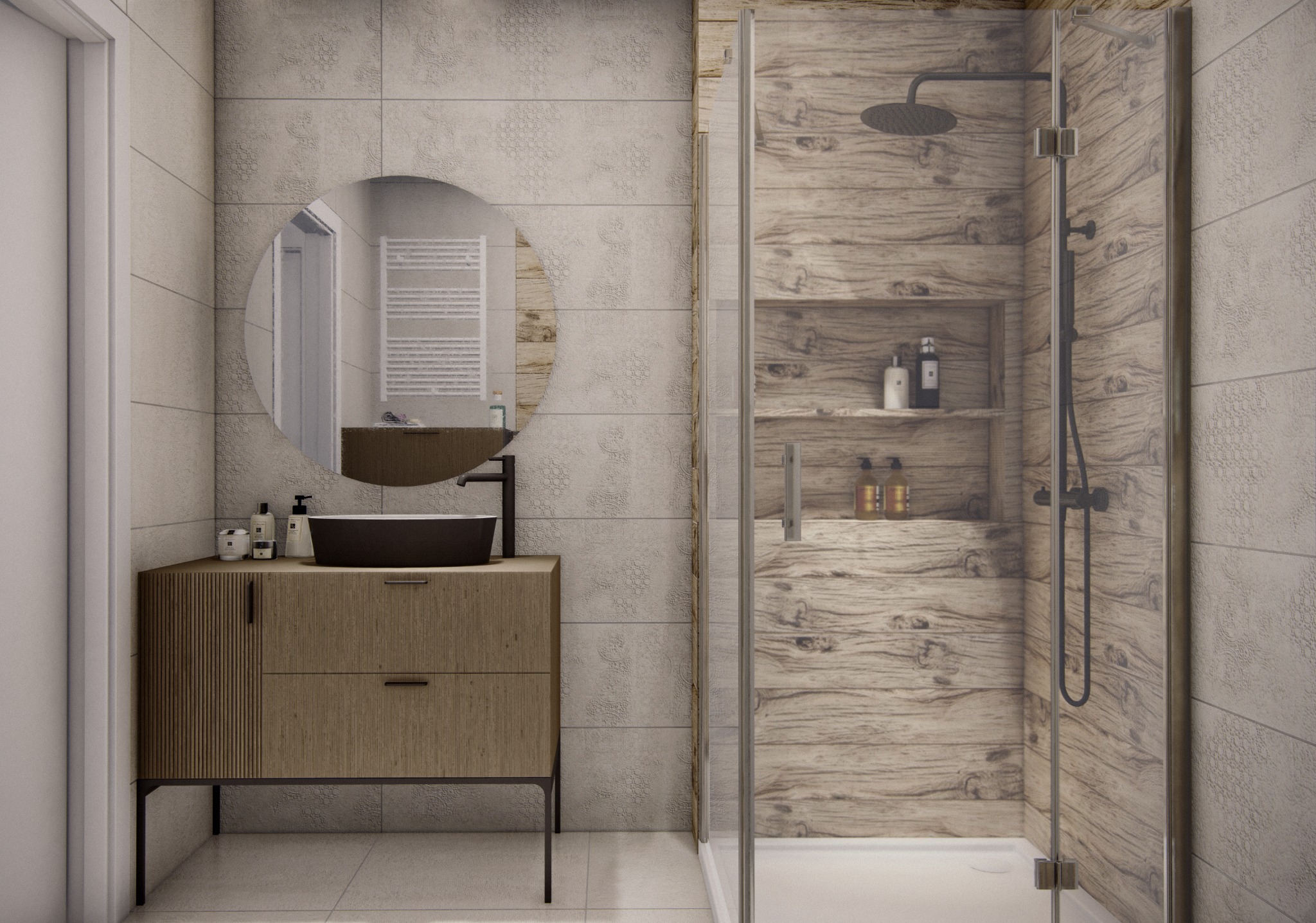 Nowoczesna łazienka z drewnianymi akcentami: umywalka nablatowa w kolorze antracytu na szafce z drewnianymi frontami, okrągłe lustro i kabina prysznicowa z panelami imitującymi drewno.