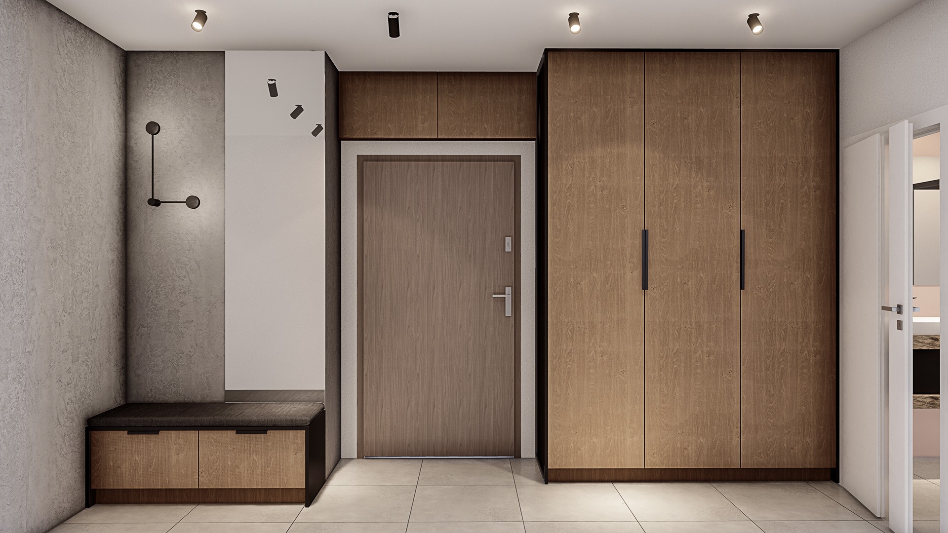 Nowoczesny przedpokój z drewnianą szafą, siedziskiem z szarą tapicerką i minimalistyczną dekoracją ścienną w kształcie zegara.