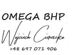 Logo firmy OMEGA BHP z imieniem i nazwiskiem Wojciech Ciepłoszko oraz numerem telefonu +48 697 071 906, czarny tekst na białym tle.