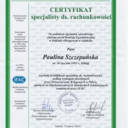 Skan certyfikatu specjalisty ds. rachunkowości Stowarzyszenia Księgowych w Polsce, wydany dla Pauliny Szczepańskiej w Gdańsku, 19 marca 2018 r.