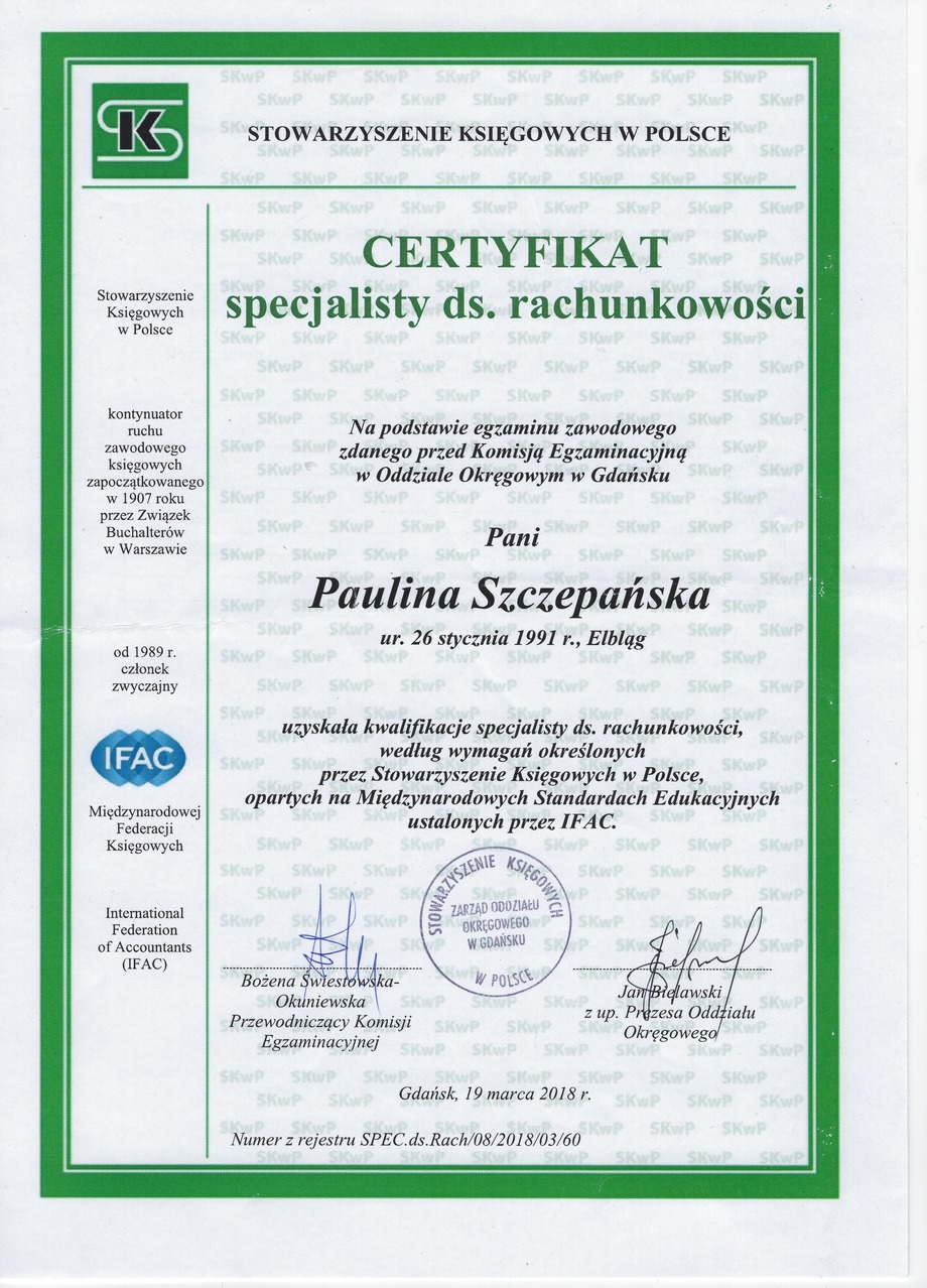 Skan certyfikatu specjalisty ds. rachunkowości Stowarzyszenia Księgowych w Polsce, wydany dla Pauliny Szczepańskiej w Gdańsku, 19 marca 2018 r.