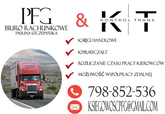 Wizytówka biura rachunkowego PFG i Kontrol Trans z czerwonym tirem w tle, oferującego księgi handlowe, KPiR/ryczałt, rozliczanie czasu pracy kierowców i zdalną współpracę.