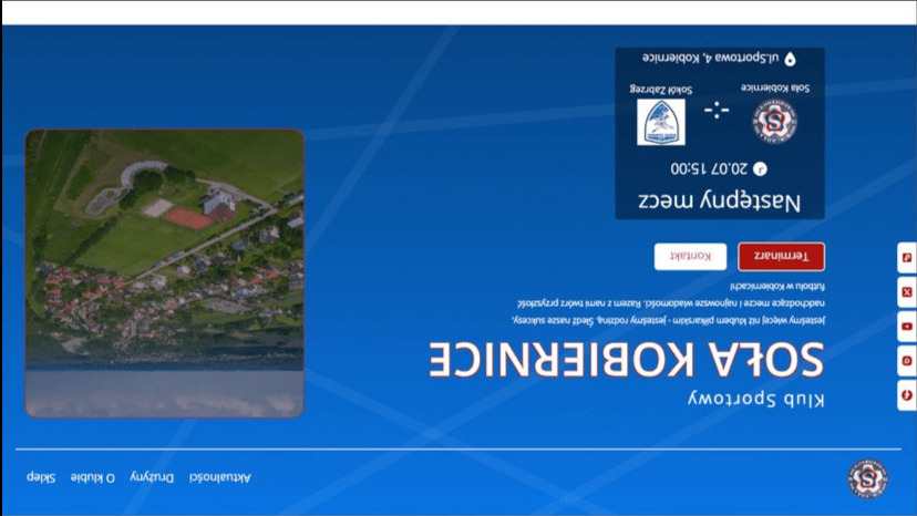 Strona internetowa klubu sportowego Soła Kobiernice z widokiem lotniczym na miejscowość, informacjami o nadchodzącym meczu i menu nawigacyjnym.
