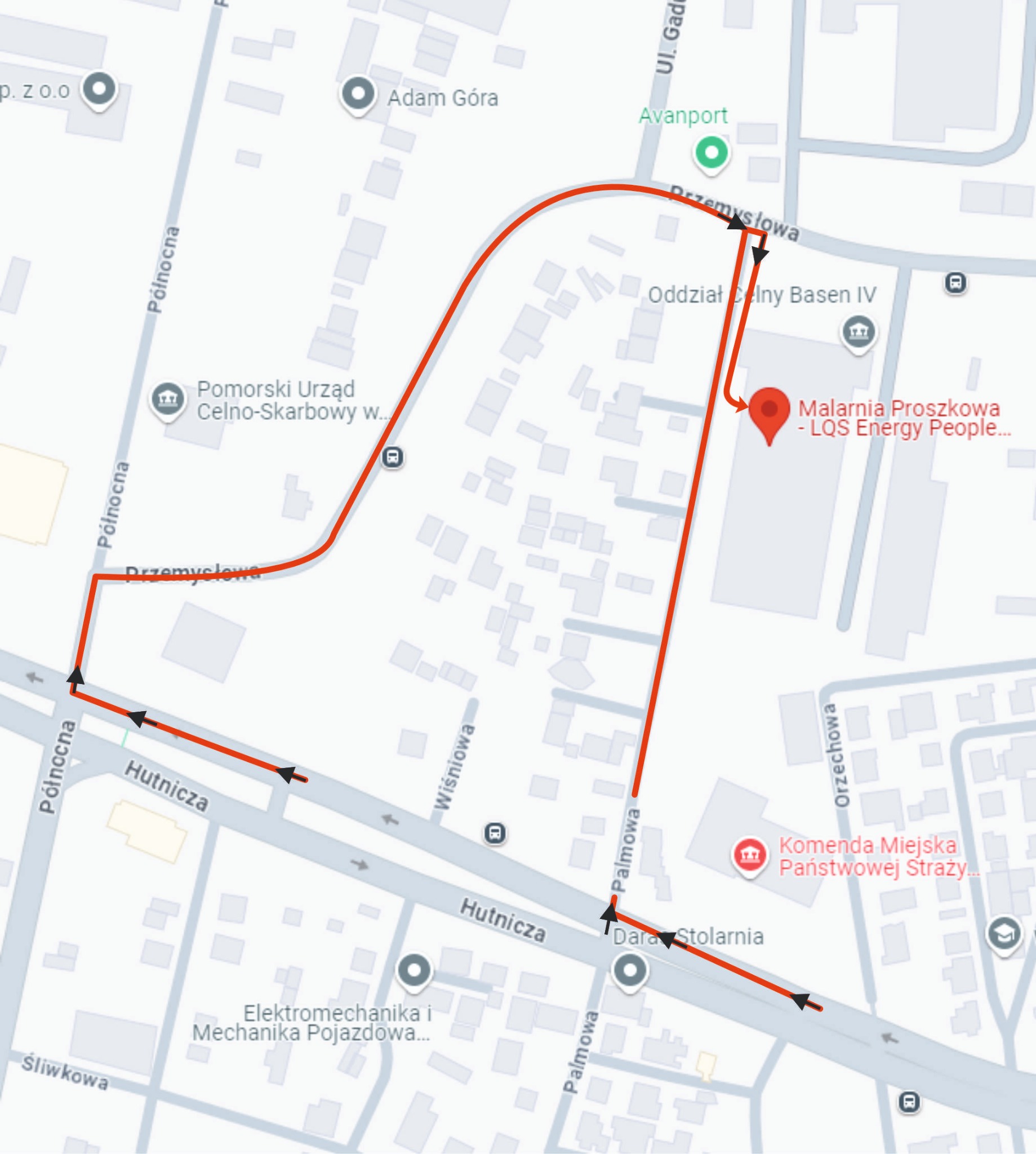 Mapa dojazdu do malarni proszkowej LQS Energy People, oznaczona czerwoną linią, prowadząca ulicami Północną, Hutniczą, Palmową i Przemysłową.