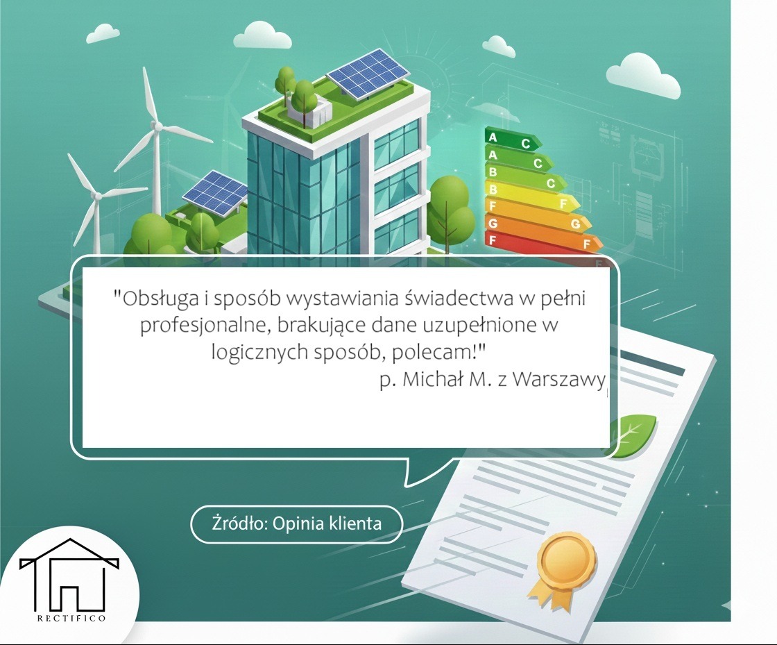 Grafika: budynek z panelami słonecznymi, turbiny wiatrowe, skala efektywności energetycznej i opinia klienta o profesjonalnej obsłudze.