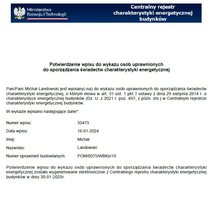 Potwierdzenie wpisu do rejestru osób uprawnionych do sporządzania świadectw charakterystyki energetycznej, z danymi Michała Landowskiego i datą 16-01-2024.