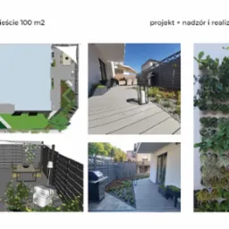 Projekt i realizacja ogrodu w Gdyni: plan ogrodu z trampoliną, taras z szarej deski kompozytowej z grillem i oświetleniem, oraz pionowa ściana z roślin w doniczkach.