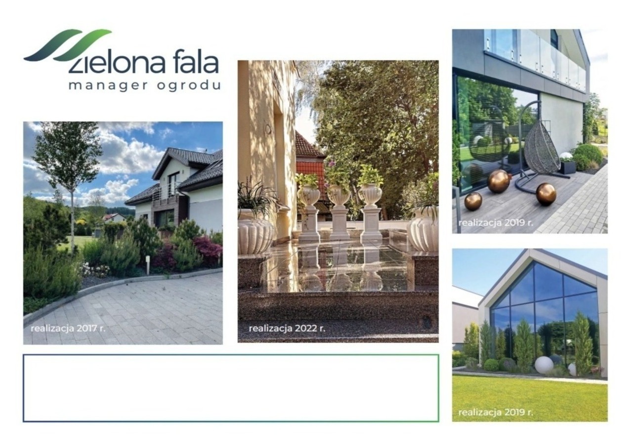 Kolaż prezentujący realizacje firmy ogrodniczej: brukowana ścieżka, dekoracyjne donice na tarasie, strefa relaksu z wiszącym fotelem oraz nowoczesny ogród z kulistymi elementami.